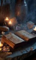 Ancient lore unfolds in mystical ambiance conjuring enchantment and intrigue amidst flickering candlelight and enigmatic shadows photo