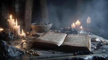 An ancient grimoire lies open amidst mystical candles and shadowy ambiance in a mysterious setting photo