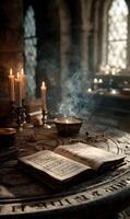 Ancient tome illuminated by candlelight within a venerable library creates an atmosphere of profound knowledge and historical insight photo
