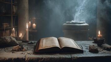 Ancient mystical scene featuring an open spell book amidst candles and smoke creating a magical atmosphere photo