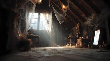 Spooky attic scene with cobwebs and pumpkins bathed in sunlight creating an eerie halloween ambiance photo