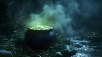 Eerie scene showcasing a witchs bubbling cauldron surrounded by fog and magic in a mystic forest photo