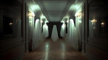 Enigmatic figures draped in white fabric grace a dimly lit corridor creating an atmosphere of mystery photo