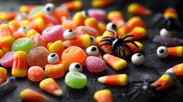A delightful assortment of halloween candy corn jelly beans and spooky eyes creating a festive scene photo