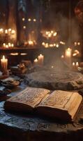 Mystical ambiance with ancient grimoire amidst flickering candles casting enchanting shadows in a dim lit space photo