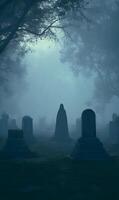 Eerie gravestones silhouette in foggy cemetery under moonlight with trees creating a haunting atmosphere perfect for halloween themes photo