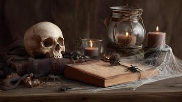 A spooky halloween still life composition featuring a skull book spider web and candle light creating a halloween atmosphere photo