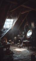 Eerie attic sanctuary with cobwebs draping vintage furniture under a skylight illuminating dust motes and shadows photo