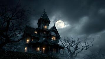 Majestic haunted mansion silhouetted against a full moon sky creating an eerie halloween atmosphere photo