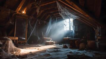 Mysterious and spooky attic with sun rays shining through the window creating a haunted atmosphere photo