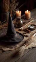 Enchanting Witchcraft Still Life Depicting Mystical Tools and Ritualistic Objects Illuminated by Candlelight and Rustic Charm photo