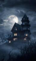 Eerie Victorian mansion perched atop a misty hill bathed in the ethereal glow of a full moon night photo