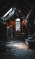 Creepy attic scene displaying a vintage chair beneath the window with spiderwebs and dust showcasing decay, eerie atmosphere and haunting beauty photo