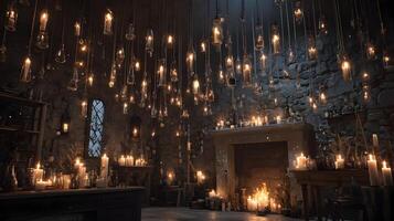 An enchanting ambiance with hanging candles illuminating a stone chamber fostering warmth and serenity photo