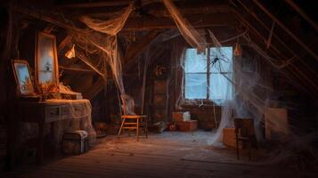 Spooky attic scene with cobwebs covering furniture and window creating a haunted Halloween atmosphere photo