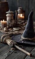Enchanting halloween still life showcasing a witch's hat, broom, and flickering lantern for spooky decor inspiration photo