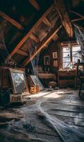 Spooky attic scene with vintage furniture bathed in soft sunlight creating a haunted yet beautiful ambiance photo