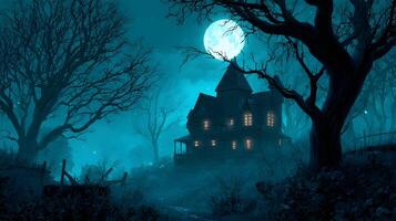 Eerie mansion in a spooky forest under a full moon bathed in the chilling light of night photo