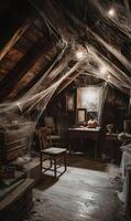 Spooky attic atmosphere with cobwebs draped across the wooden beams creating a mysterious halloween scene photo