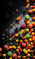 An enchanting arrangement of halloween candies and playful spiders scattered on a mysterious dark surface backdrop photo