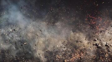 A captivating abstract cosmic background with dark smoke swirls and twinkling golden particles throughout design photo