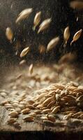 Golden cascade of barley seeds falling onto a rustic wooden surface creating a mesmerizing pattern photo