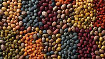 Colorful assortment of dried beans and lentils create a vibrant textured background for nutrition concepts photo