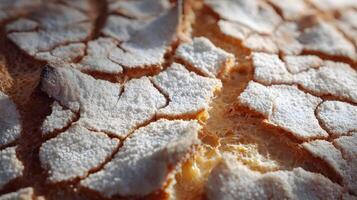 Golden brown bread crust with a unique cracked pattern illuminated by soft diffused light photo