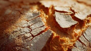 Crisp perfection detailed look at golden bread crust sprinkled with flour highlighting texture and bake photo
