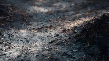 Post-fire aftermath revealing burnt earth textured surface with a melancholic feel of destruction photo