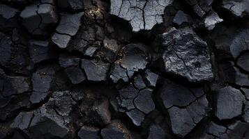 Intense close up of a black charred material revealing sharp edges and irregular cracks background photo