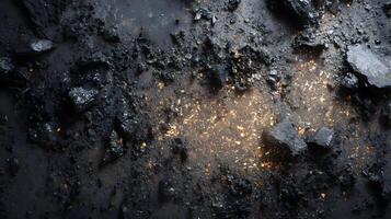 Dramatic close up of shiny black coal with glimmering gold flecks creating contrast and texture photo