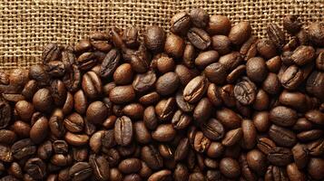 Aromatic coffee beans on burlap sack creating a warm and inviting texture background image photo