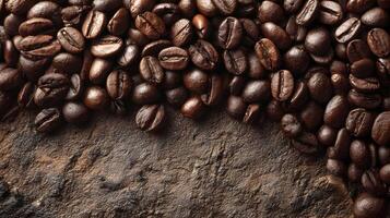 Dark roasted coffee beans cascading over a rustic textured surface creating a rich aromatic backdrop photo
