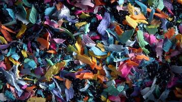 Vibrant confetti explosion scattering across a dark surface creating a captivating multicolored artistic pattern photo