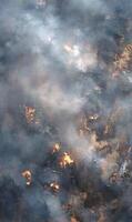 Aerial view of a landscape engulfed in wildfire, with intense flames and thick smoke blanketing the area revealing the destructive force of nature photo