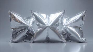 Sleek silver foil packaging in a minimalist studio setting, highlighting metallic textures and sharp forms photo