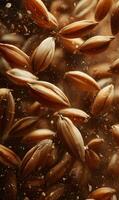 Close up capturing golden grains floating in a dark liquid emphasizing texture and amber color palette photo
