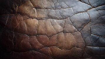 Detailed close up of cracked leather shows deep texture and variations in brown tone color tone surface photo