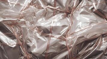 Abstract rose gold metallic texture with cellophane wrapping and bands creating a shiny modern design photo