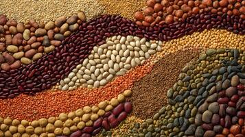 Assortment of Colorful and Nutritious Legumes Seeds and Grains Displayed in an Organized Pattern Arrangement photo