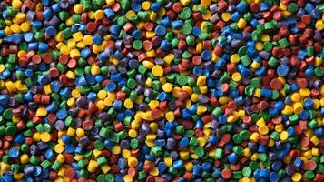 Pile of multicolored plastic pellets showcasing various vibrant colors and forms for manufacturing photo