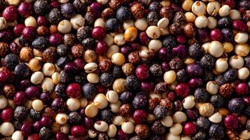 Macro shot of colorful quinoa grains displaying the texture and colors of a healthy whole grain photo