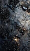 Abstract texture showcases blackened earth and remnants of a fire pit area capturing desolation and aftermath photo