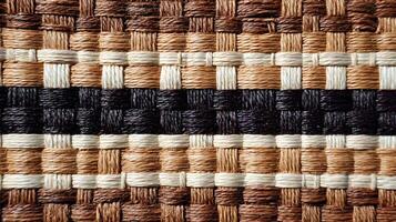 Intricate handwoven textile texture with alternating brown, beige and black strands creating a rich pattern photo