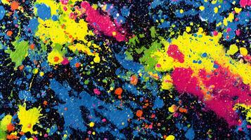 Colorful splatters against a black backdrop create a vibrant and energetic abstract expressionist painting photo