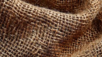 Close up detail of a burlap sack displaying the texture of the woven fibers material pattern photo