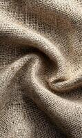 Detailed close up capturing the intricate weave and natural texture of a rustic burlap fabric material photo