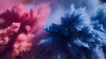 Dynamic collision of vibrant pink and blue powder creating an explosive abstract design effect art photo