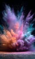 Vibrant explosion of colorful powder paints creating a mesmerizing cloud against a dark background effect show photo